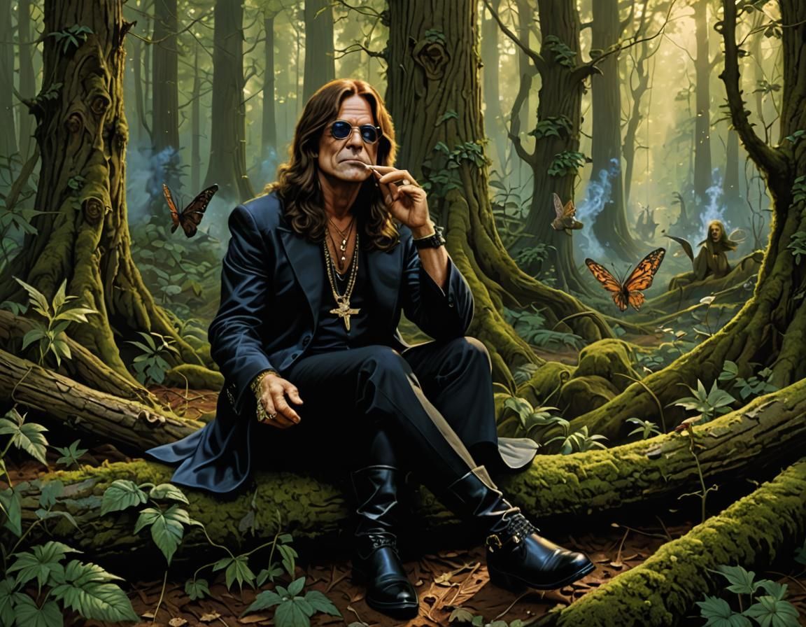 Ozzy Osbourne is sitting in a wood and smoking a joint. Ther...