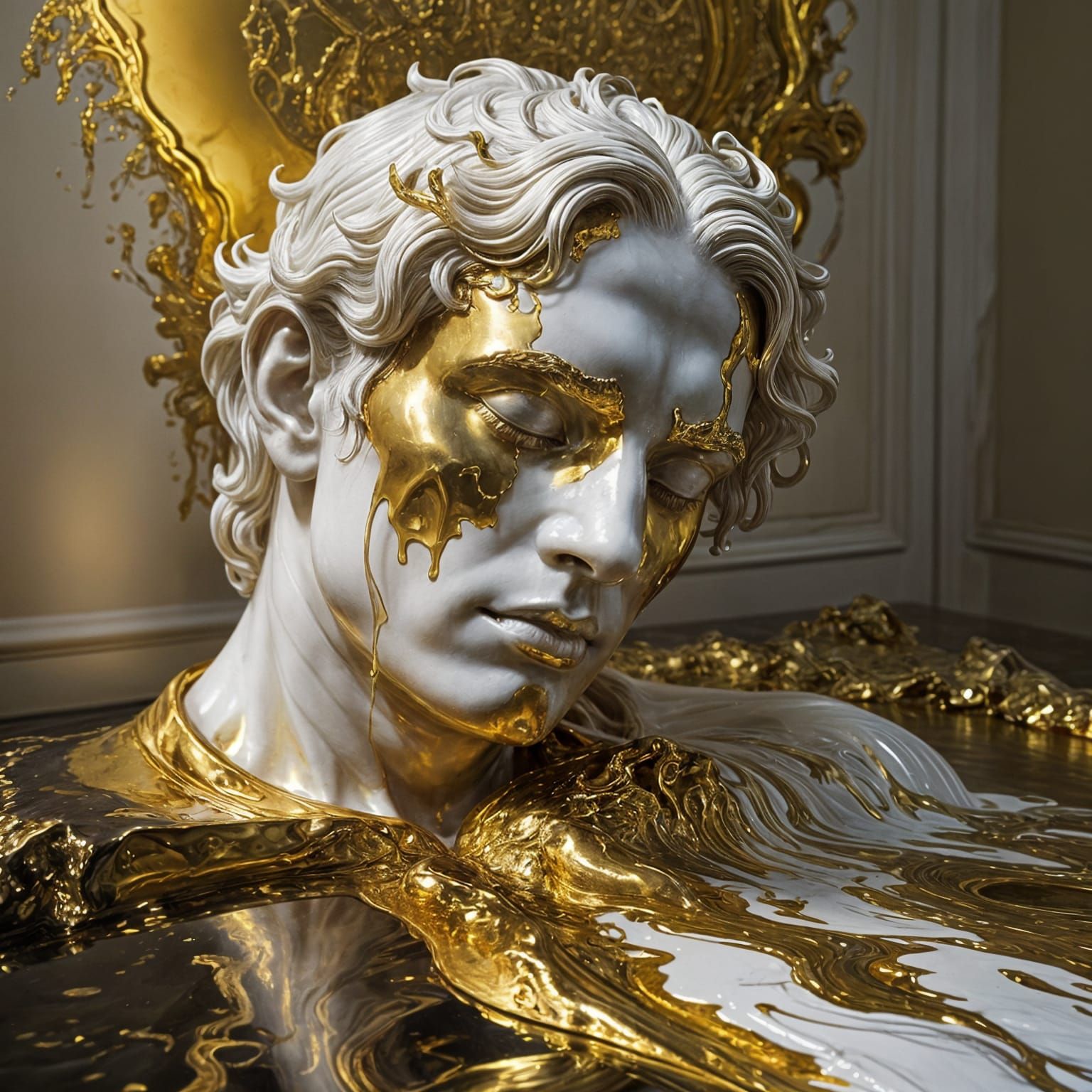 A surreal oil painting of a finely detailed white marble statue of a man's head resting sideways, partially ...  by @FluffWuff