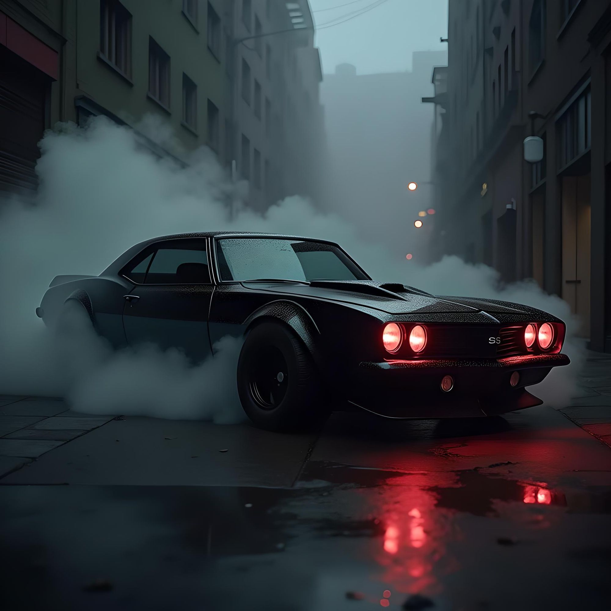 camaro, planar, edgy, futuristic, black chrome, low stance, wide stance, wide tires, bulge fenders, in dark alley, fog, steam, mysterious, f...