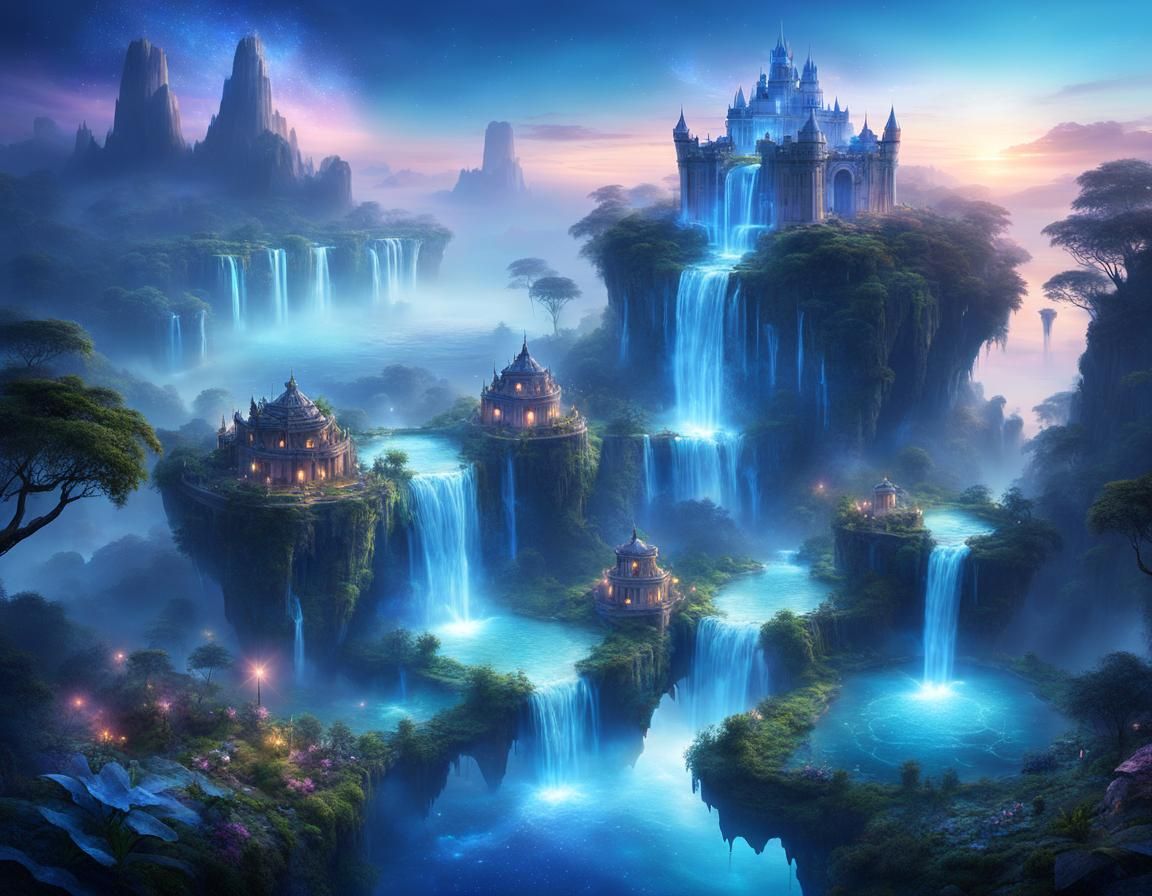 Fantasy Waterfall Castle Island   by @Thoragh