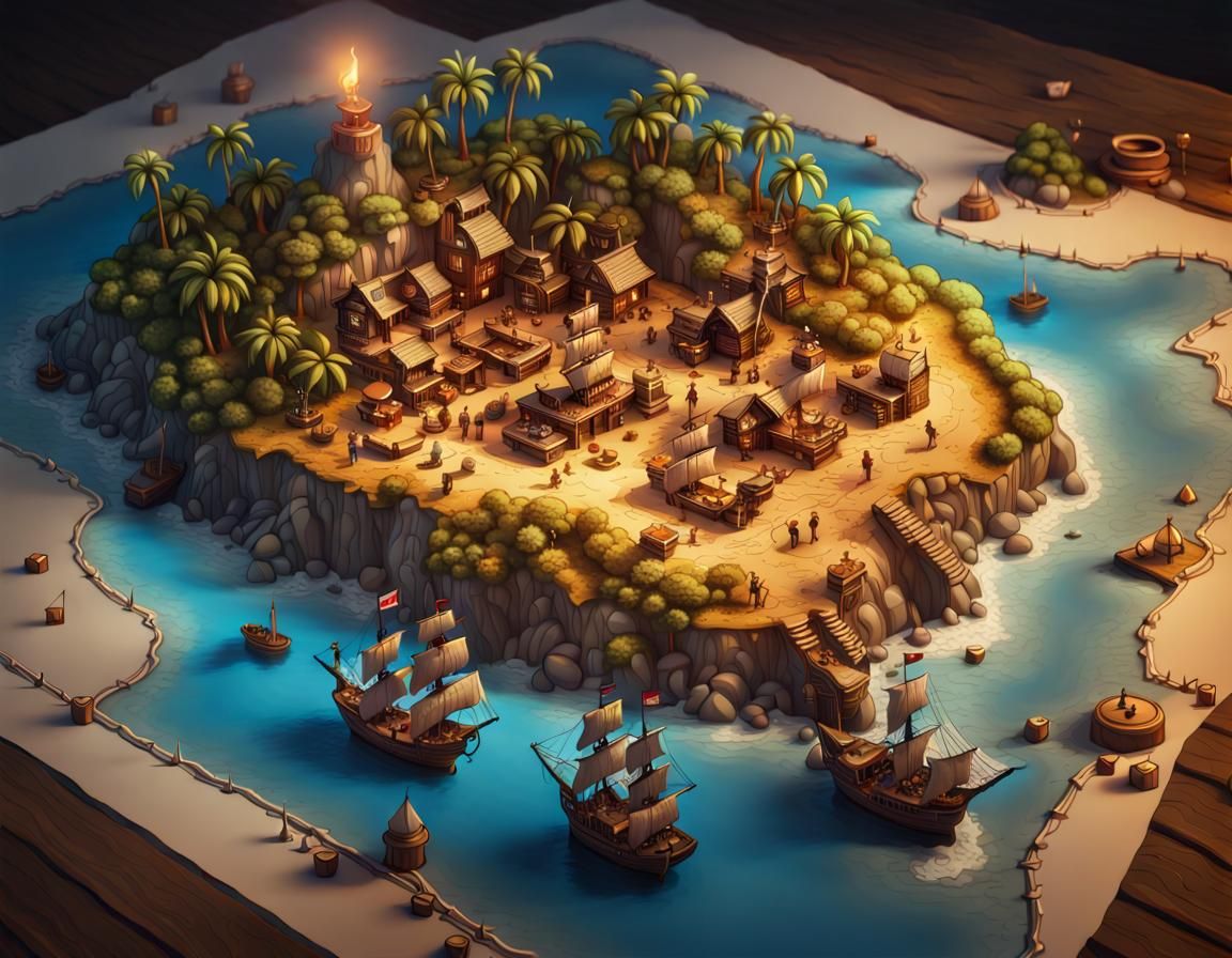 super detailed map of an island where a treasure is hidden  by @Thorka