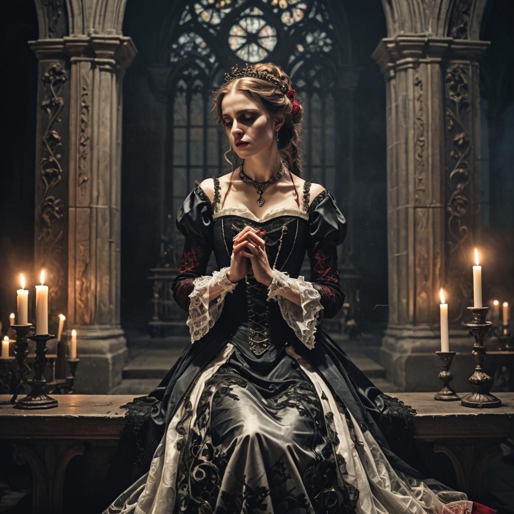 a french aristocrate lady prays kneeled on a church bench, t...