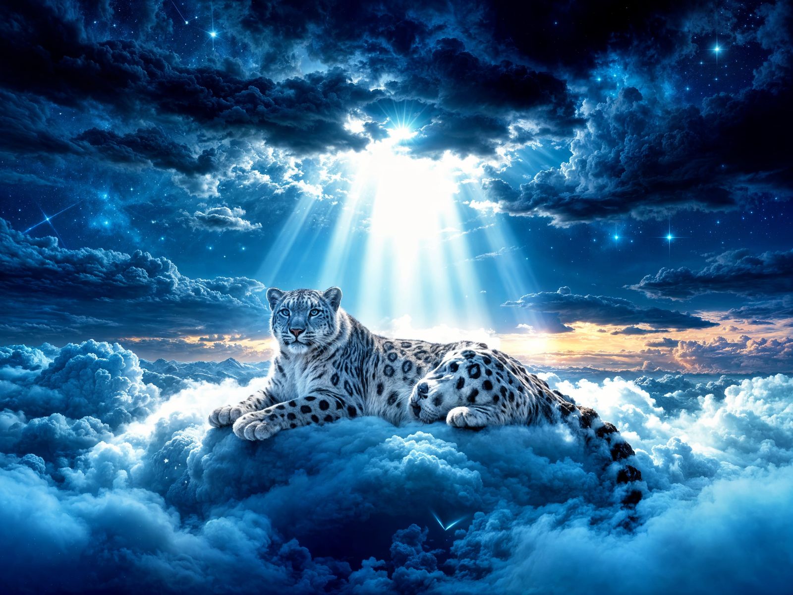 Snow Leopard Rests on Cloud Ridge Under Stormy Sky