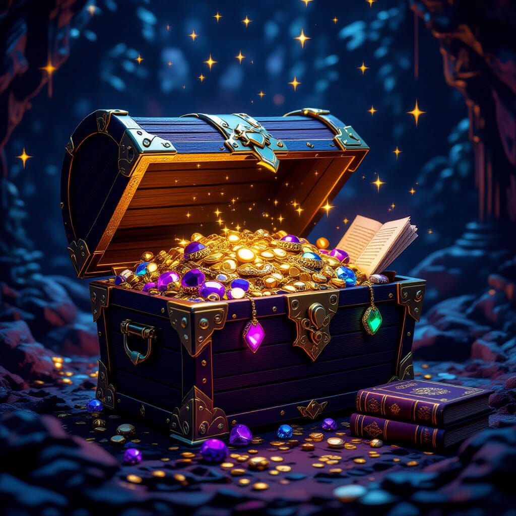 open treasure chest mimic filled with gold and jewel and magical scrolls and spell books  by @undefined