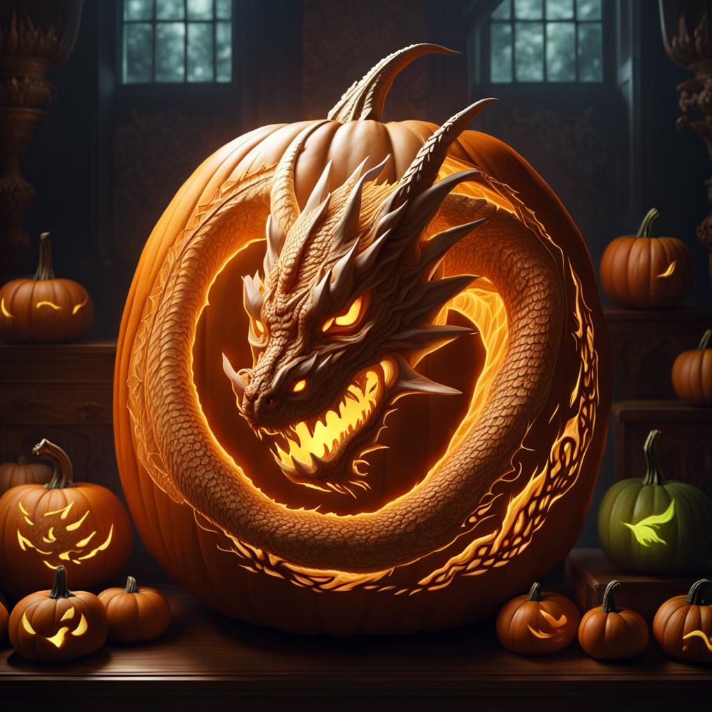 Detailed pumpkin carving of a dragon