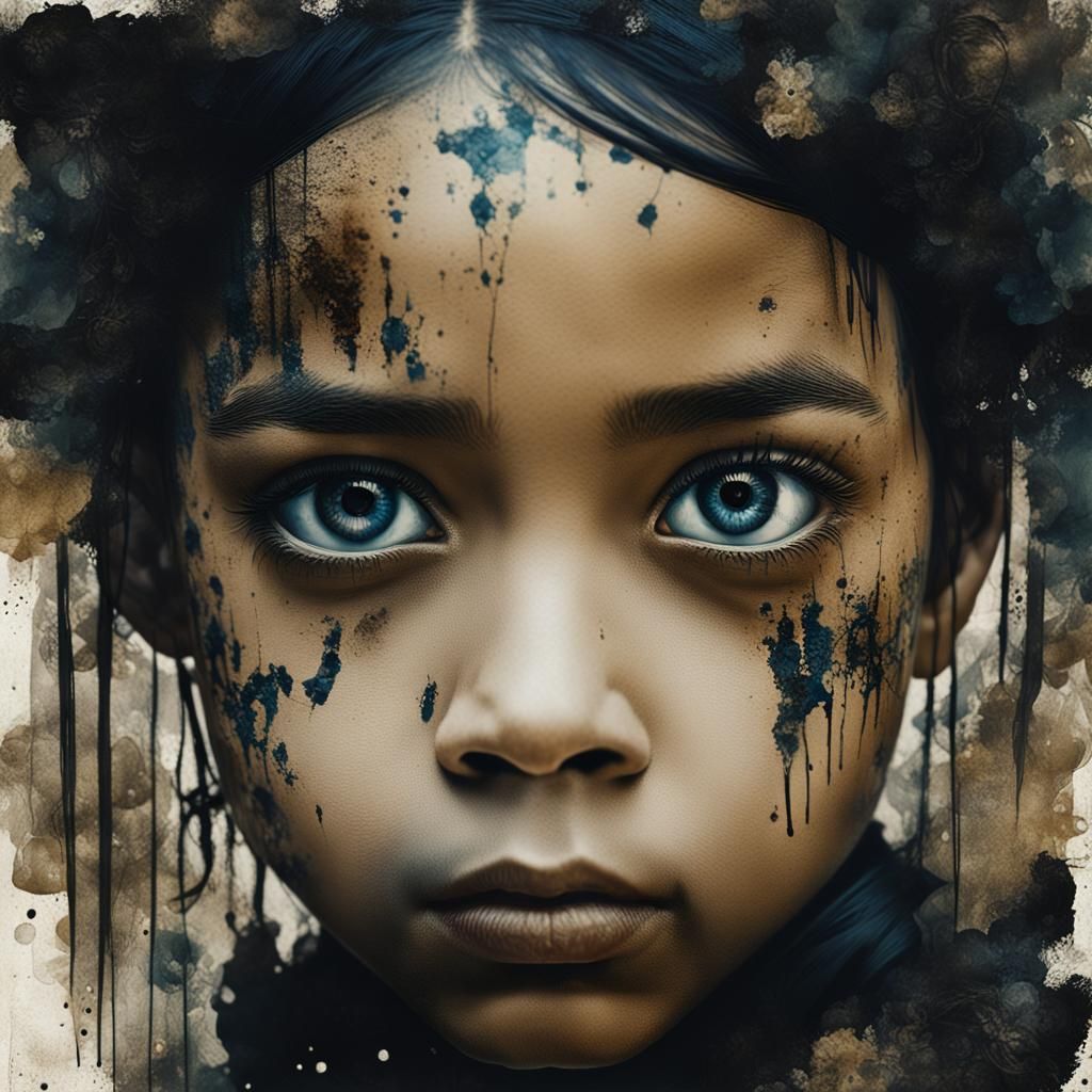 portrait, a front view portrait of a girl with dark bluish h...