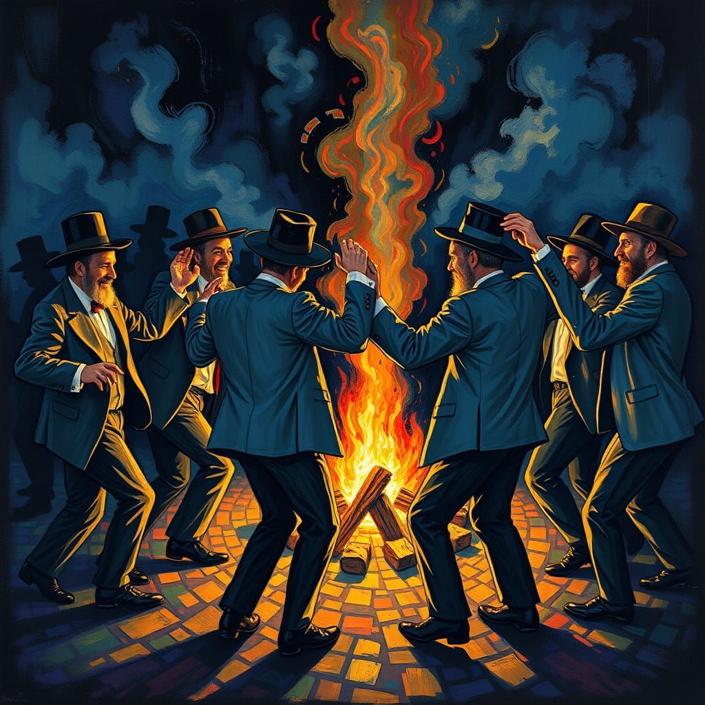 Joyful Hasidic Men Dancing Around a Golden Bonfire in Vibran...