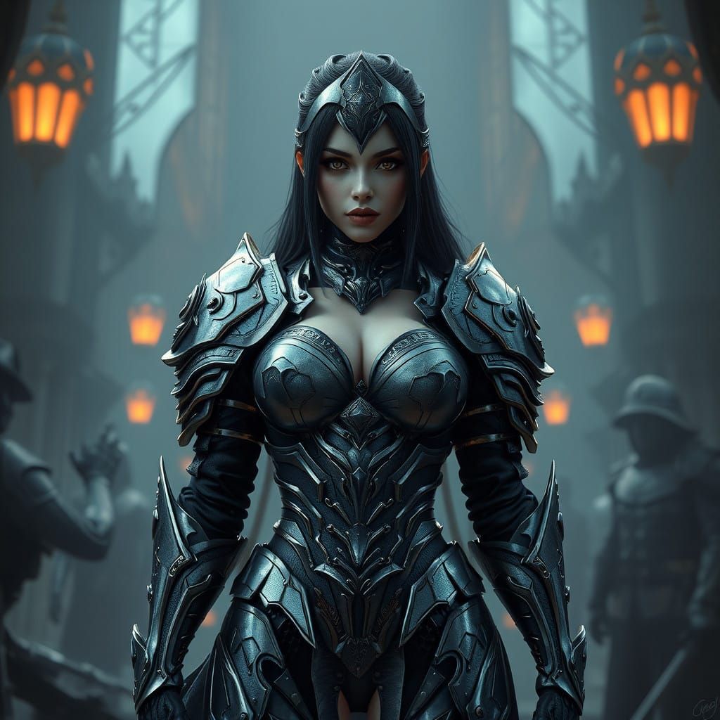 Stunning Female Knight in Metallic Exoskeleton Armor