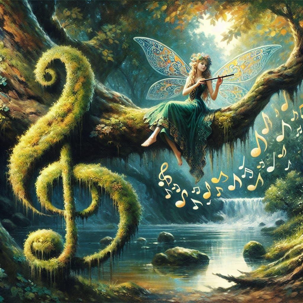 A fairy perched on a tree branch over a river, playing the flute, large