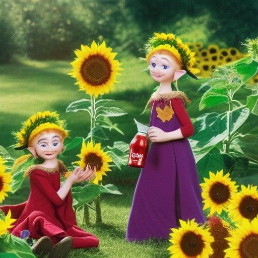 elves in sunflower garden drinking coke