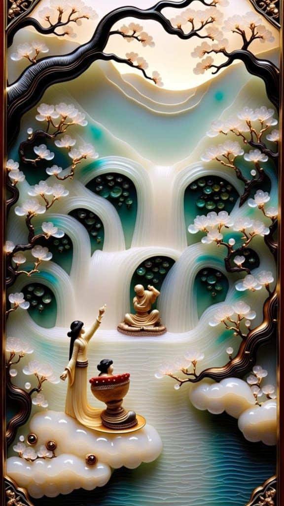 Japanese Style Panels depicting Beautiful Cultivator Chang-E practicing KungFu in Waterfall Paradise created out of intricately carved polis...