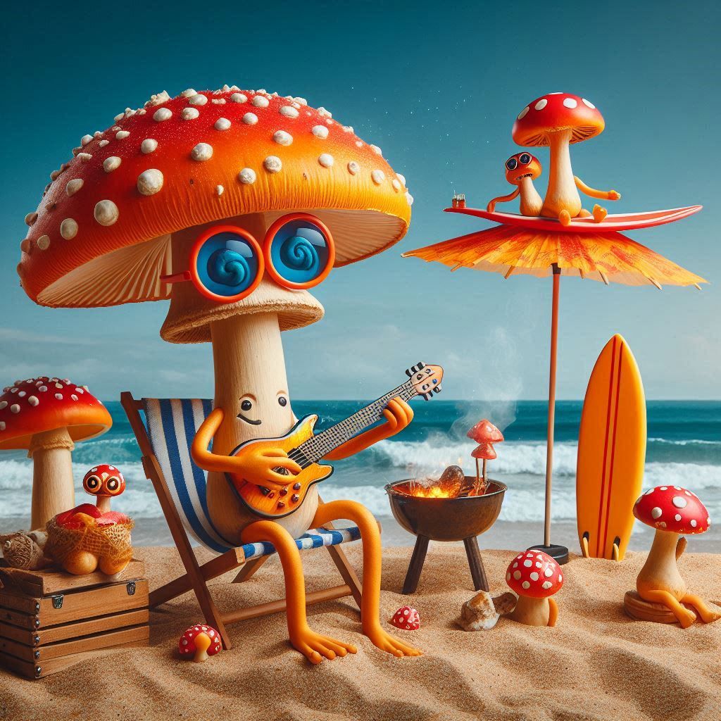 very wacky Crazy mushrooms on vacation sunbathe and make barbecue, umbrella in the shape of an amanita in the background...
