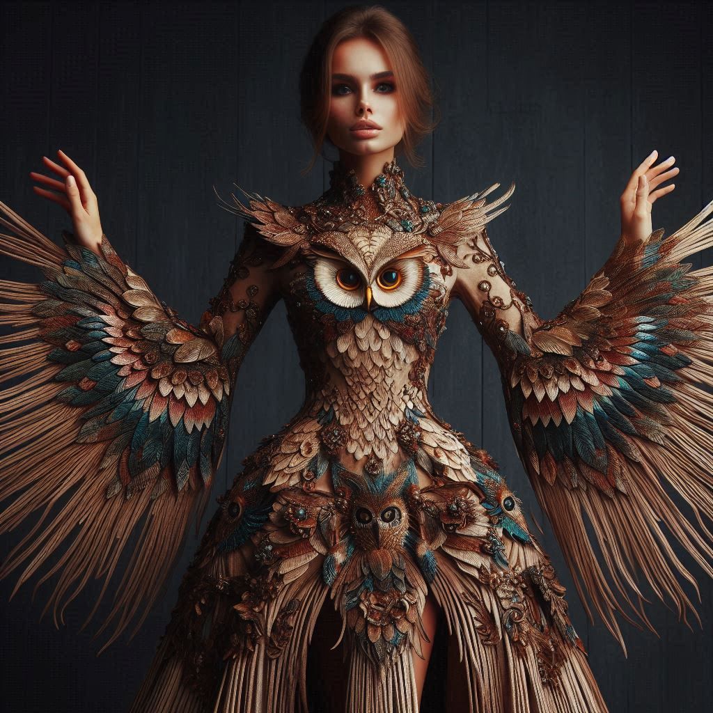 model in a dress designed to look like an owl with spread wings (dress sleeves)