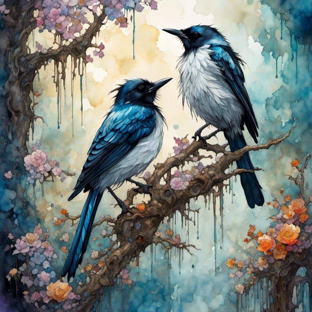 <lora:WatercolorSplash:1.0>  Baby magpie sitting on top of a tree branch, android jones and chris dyer, trending on artstatioin, carmelo bla...