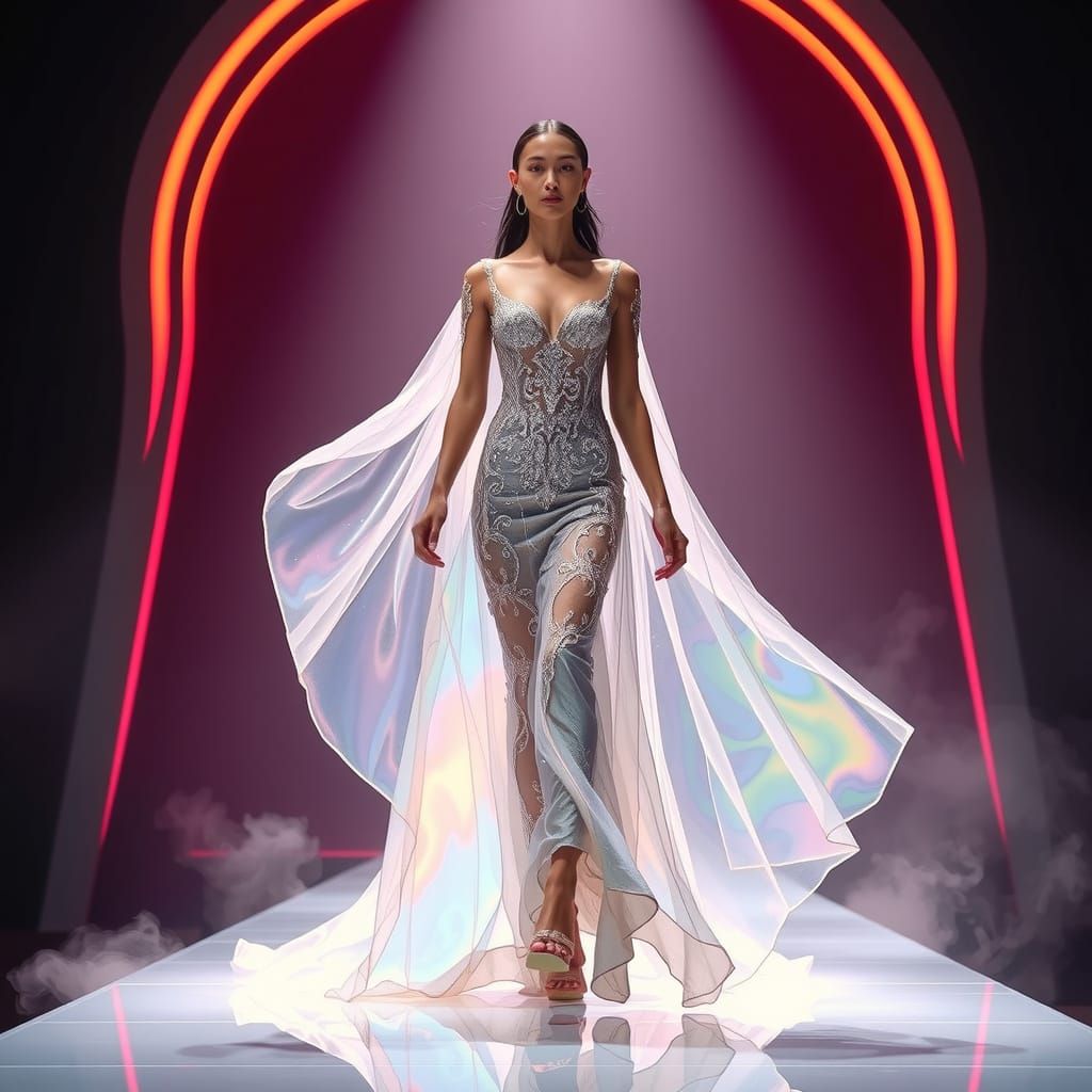 A model wearing a high-fashion outfit in a glowing runway setting.  by @Ankh