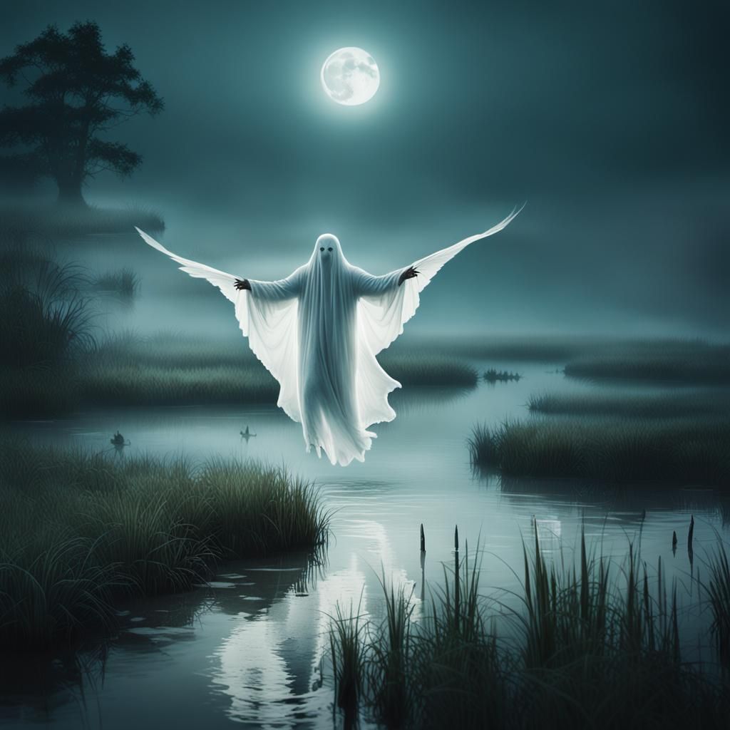 creepy white ghost flying through the marsh on a misty moonl...