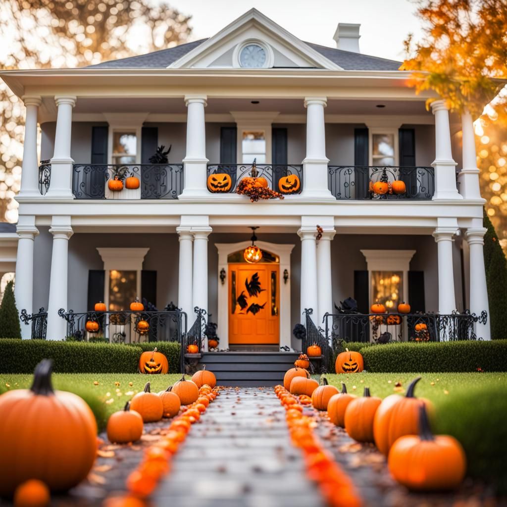 A beautiful mansion with Halloween decor with vibrant colors. AI