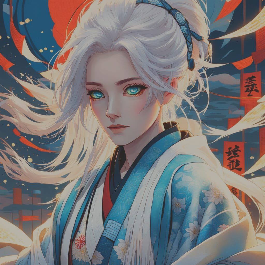 White-Haired Girl in Demon Slayer Outfit