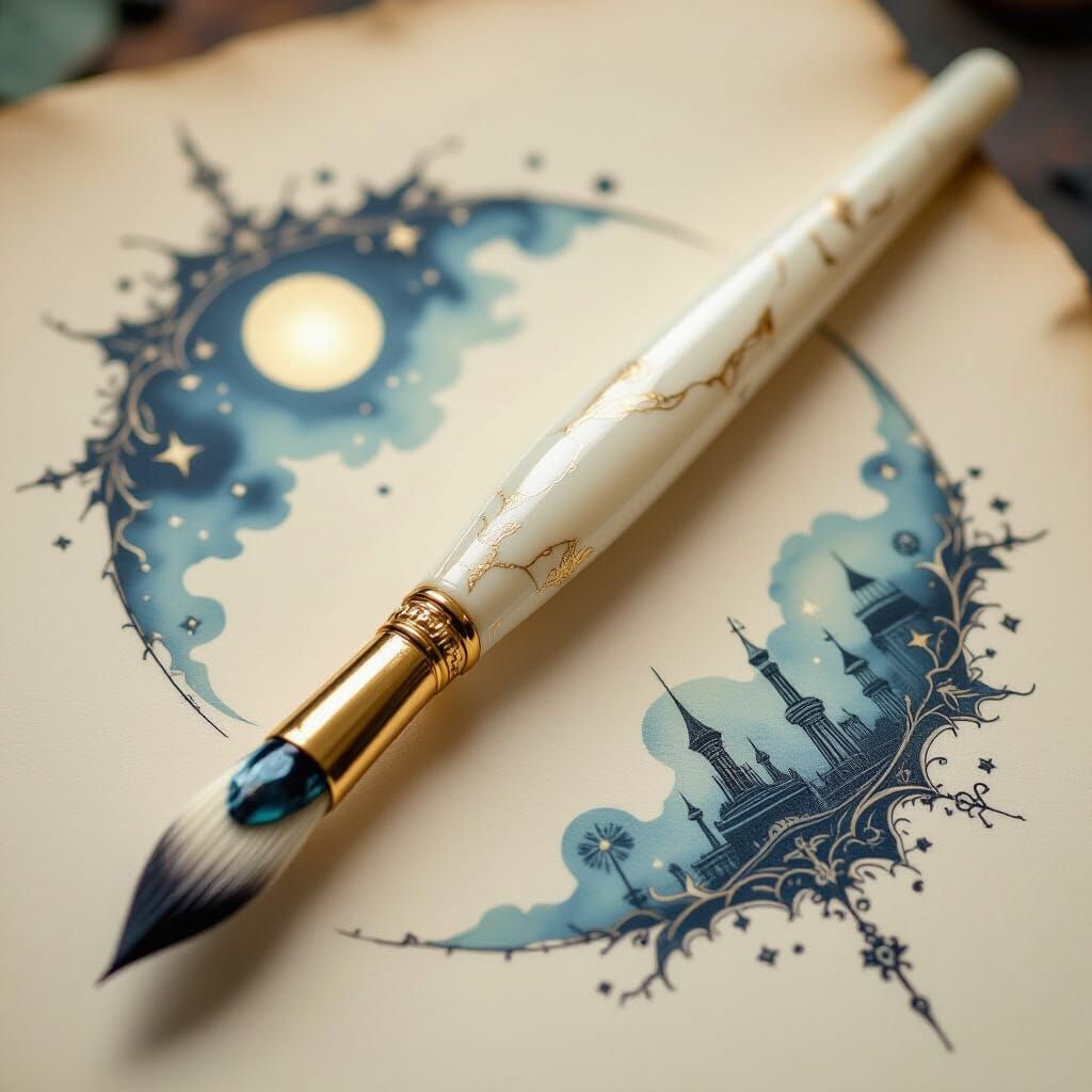 A whisper-light arcane paintbrush forged entirely from moon-soft ivory wood and living ink in the lantern-lit ...  by @morr5750