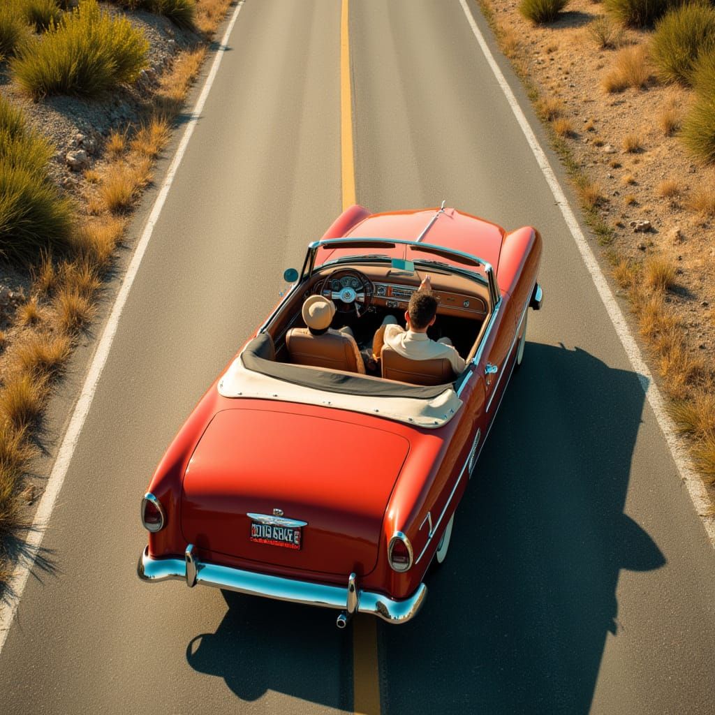 Drone shot high elevation, of 1960s Chevy convertible on Route 66, bright warm vibrant <lora:Earth and old pastel:1.0>