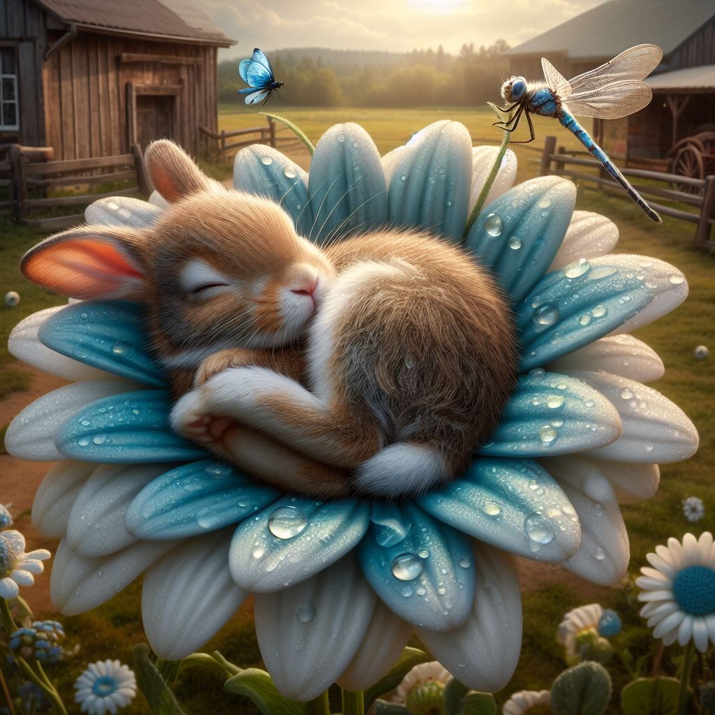 Cute litle bunny takes a nap in a Blue Daisy