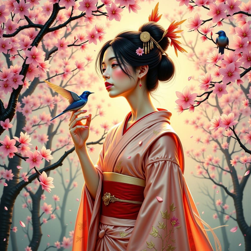 Serene woman in traditional Japanese attire, surrounded by blooming cherry blossoms, sharing her dreams with nature, as a thousand birds sin...