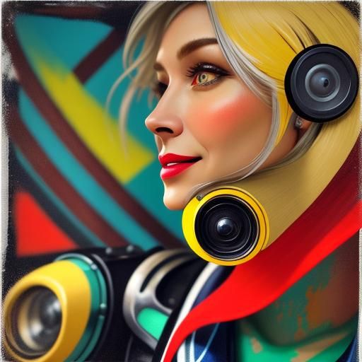 Old scavenger huddled over an ancient, broken machinery in a brightly colored junkpile. High-contrast cinematic. Warm and cozy golden hour...