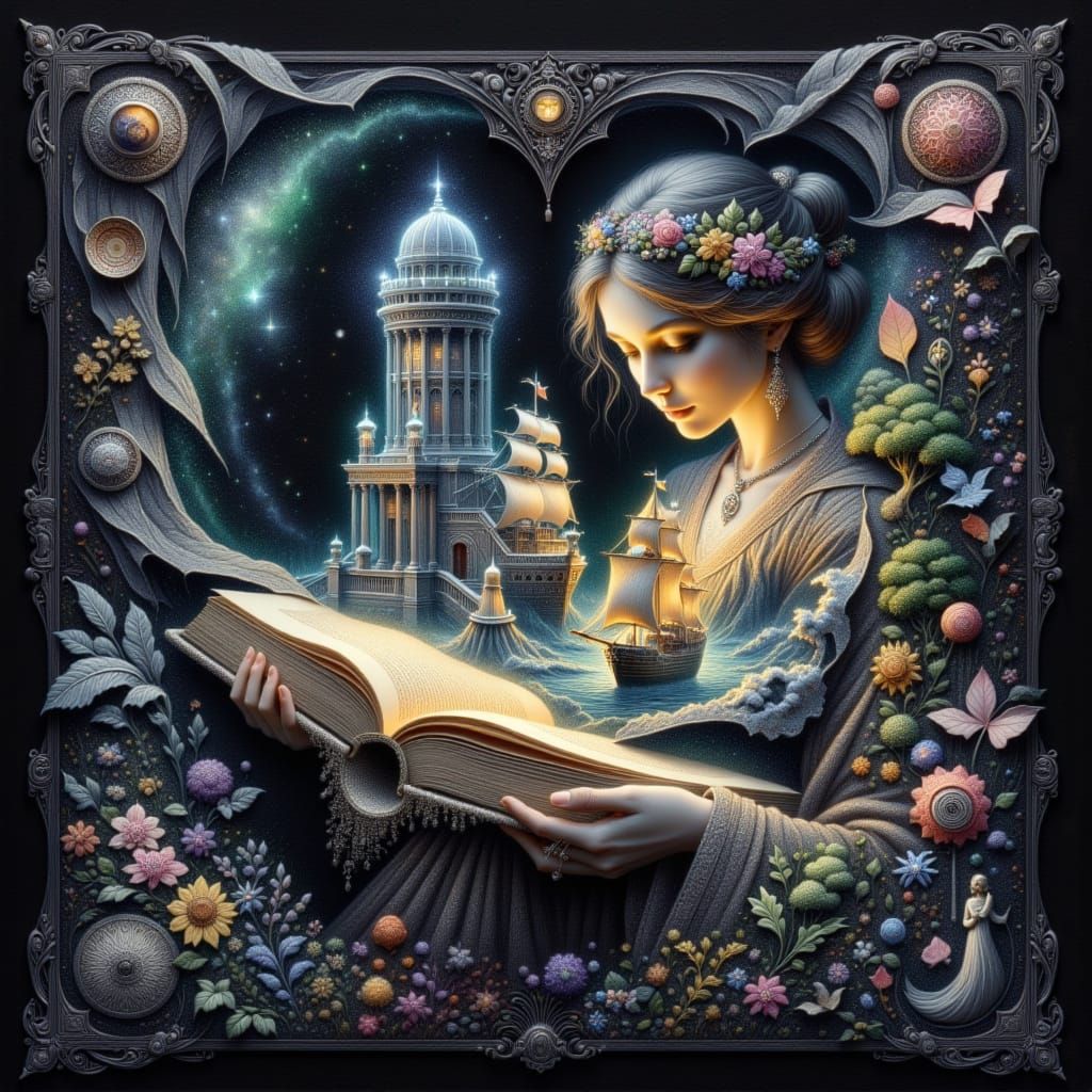 <lora:mystery:1.0> the mysterious prince holds open book a mysterious 3D microworld - a seascape with a pirate galleon on the waves in a sto...