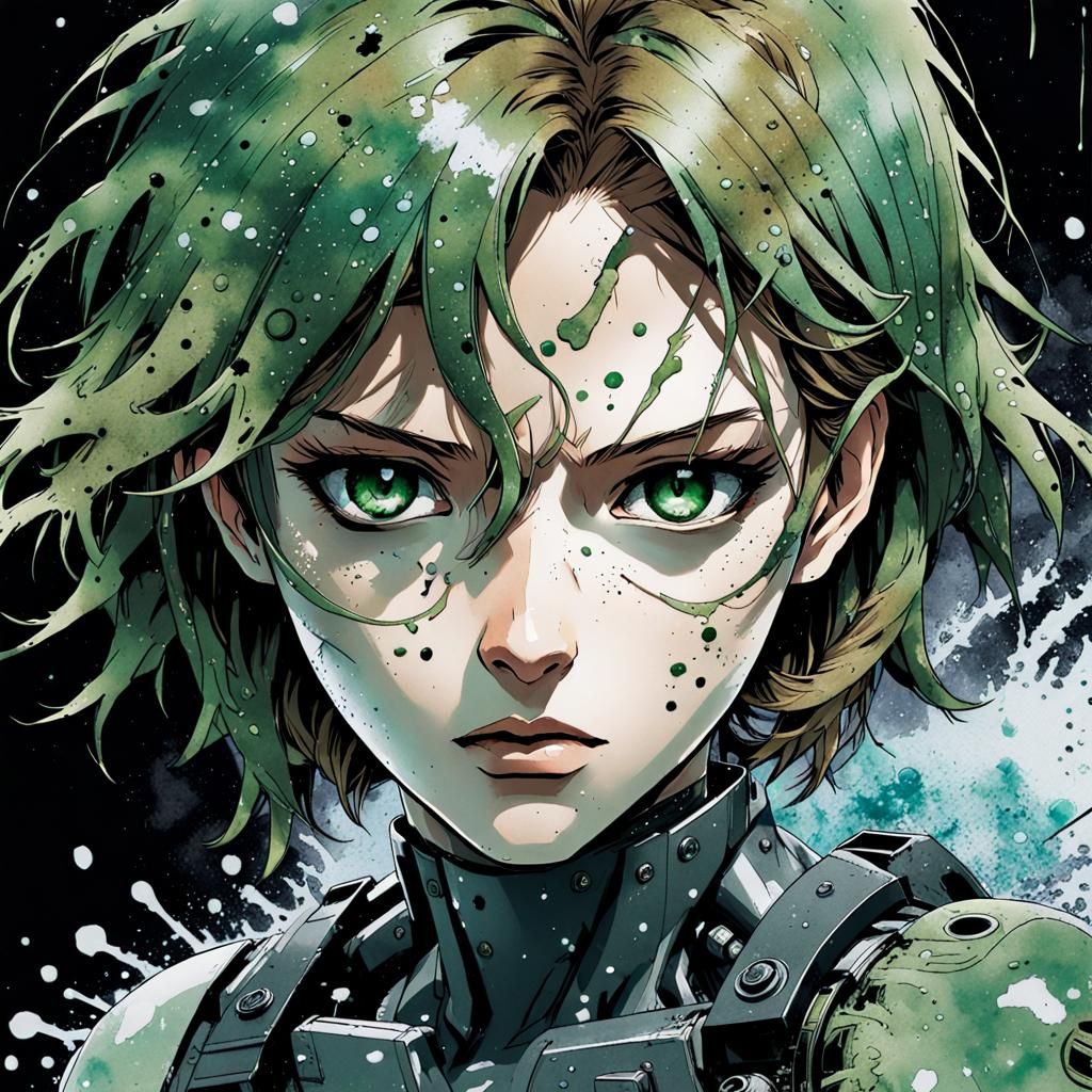 Anime noir cyborg detective, female, beautiful, stark green eyes, art ...