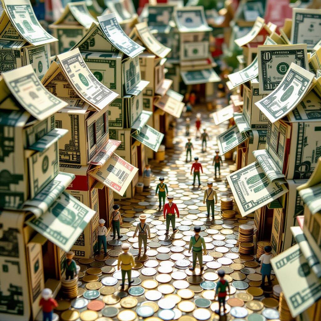 A bustling marketplace scene constructed entirely from intricately folded origami currency. Buildings ...  by @Avriola
