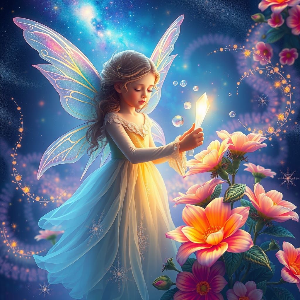 a fairy is using her wand to put dew into flowers  by @Cat Sayz