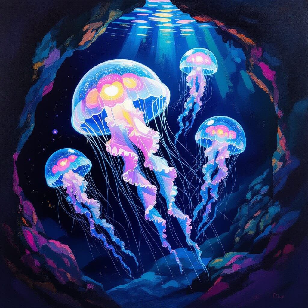 Bioluminescent Jellyfish in Neo-Impressionist Style