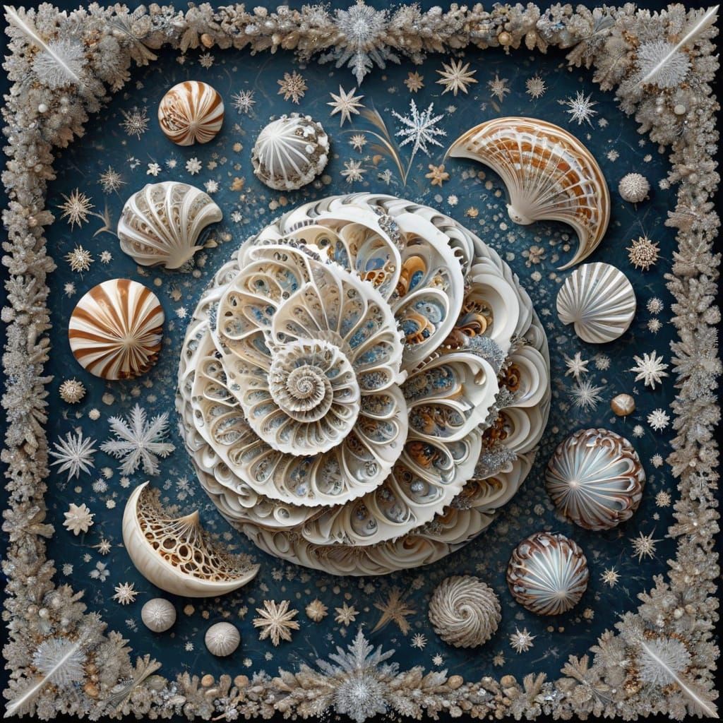 Snowflake Fractal Patterns in Vibrant Turban Shell and Beehi...