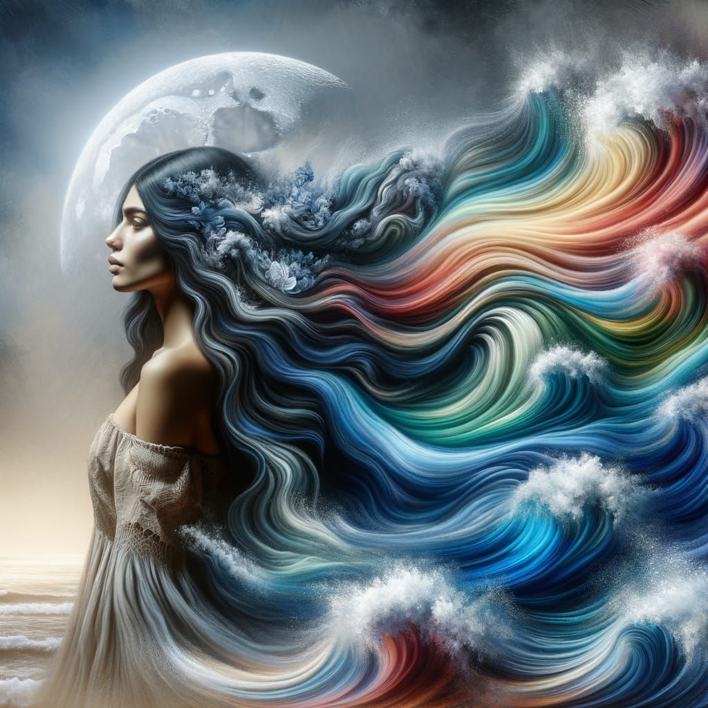 Ethereal Hispanic Woman Merges with Ocean Waves