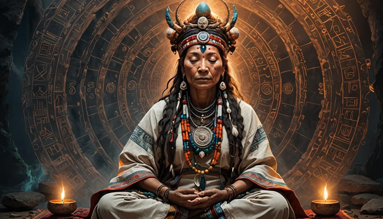 female shaman within meditation, transcending consciousness,...