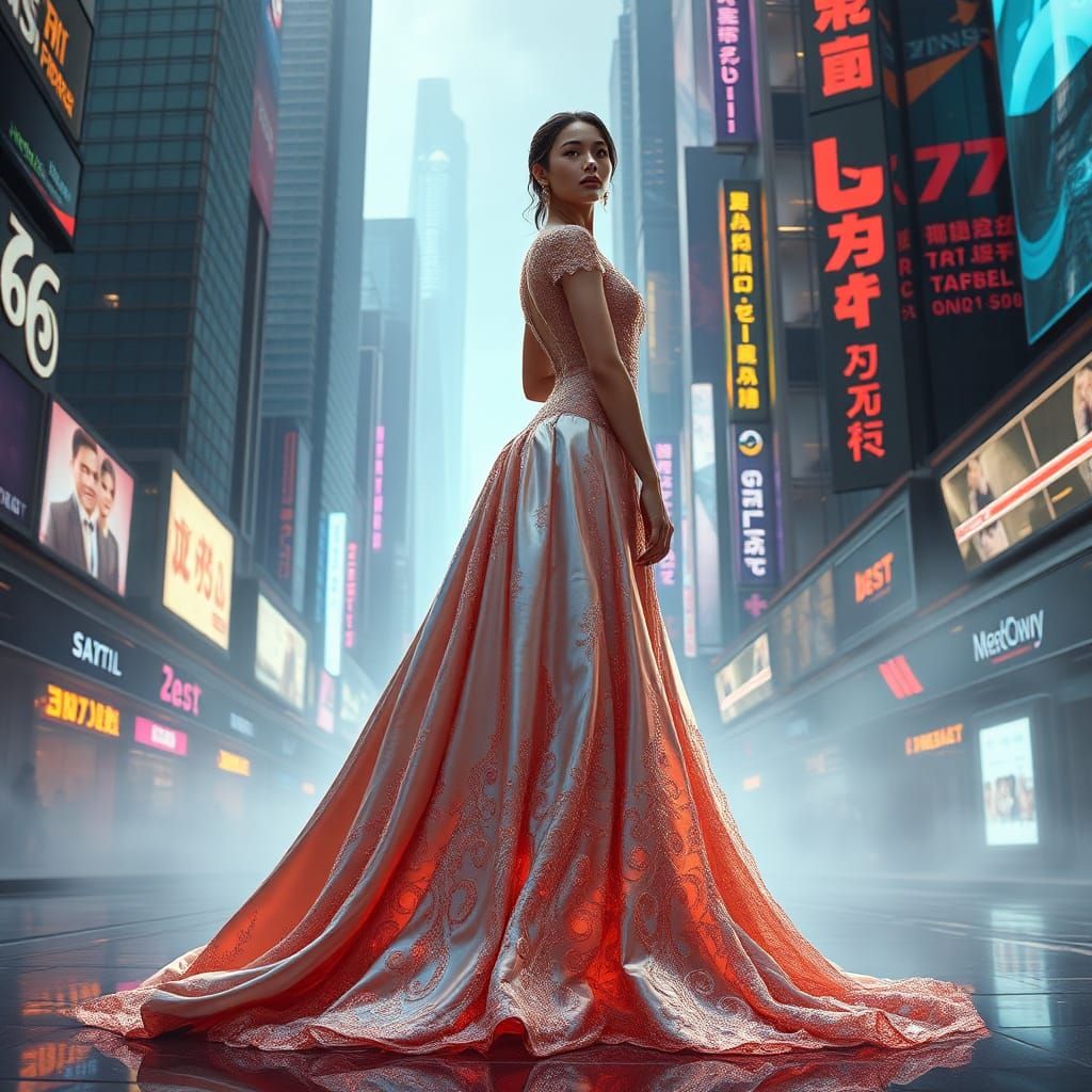 Iridescent Gown in Futuristic Metropolis, Concept Art
