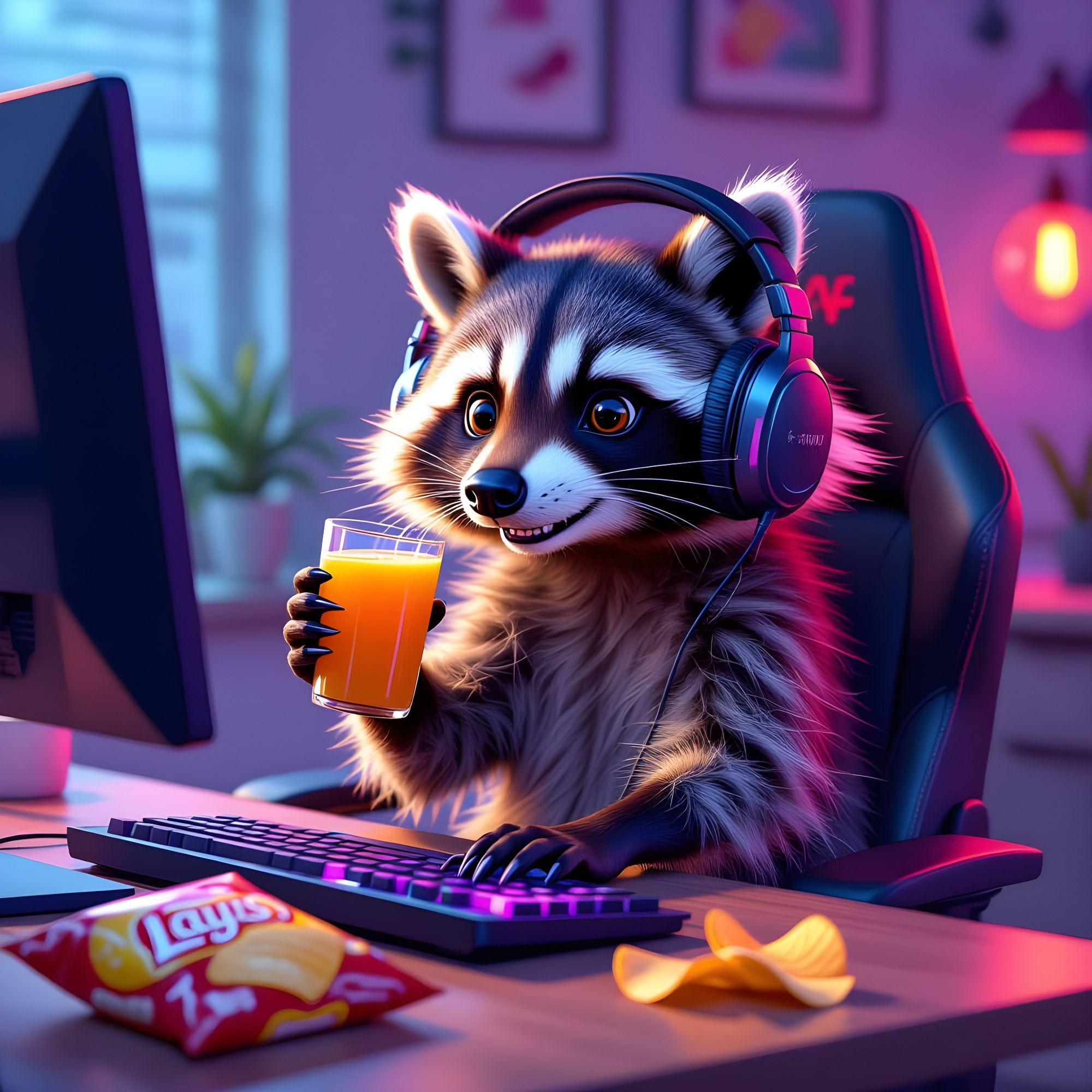 Енот полоскун сидит в игровом кресле за столом перед компьютором  в наушниках. Пьет сок из одной лапкой, другой лапкой на клавиатуре. На сто...