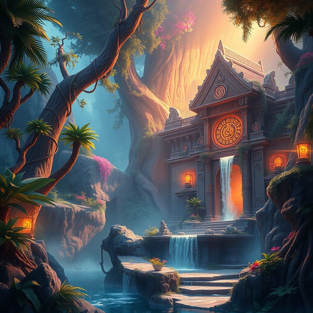 Ancient Temple in Dreamlike Jungle With Crystal Waterfall an...