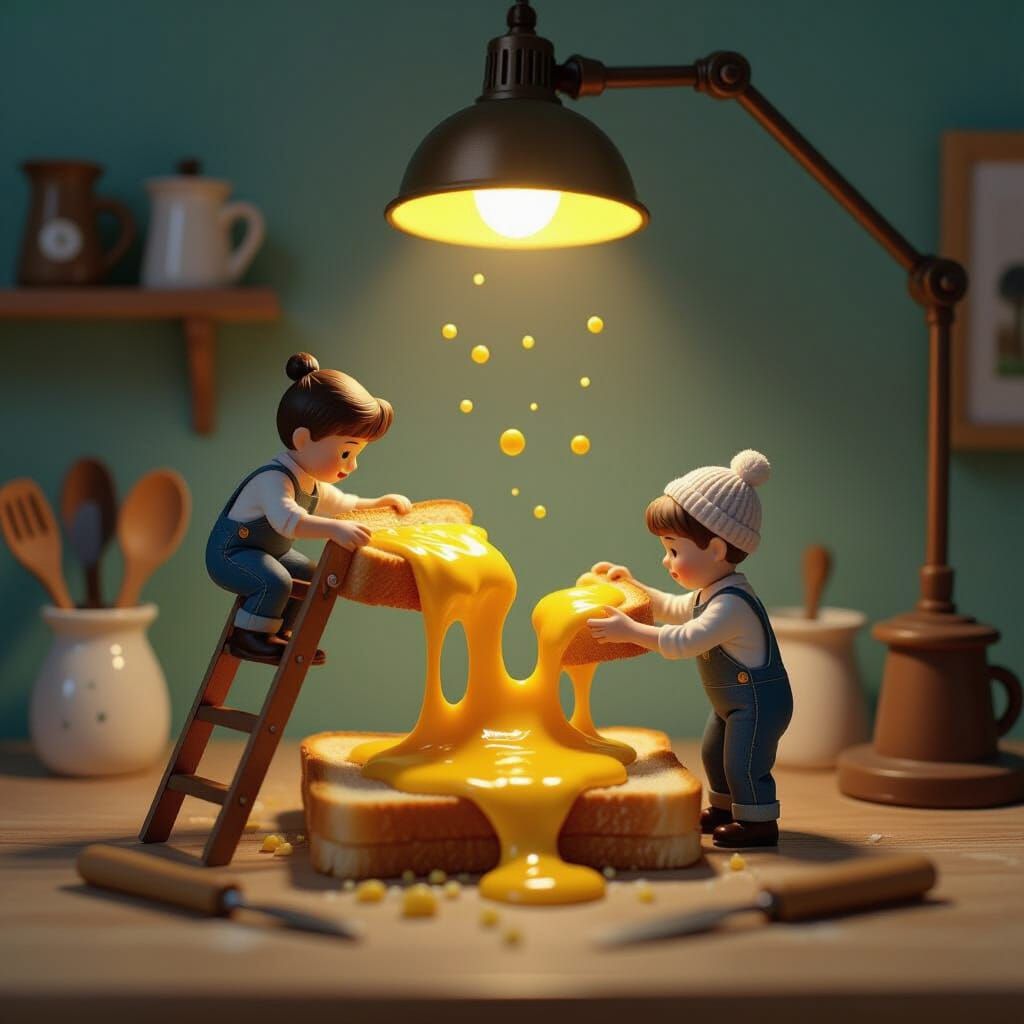 Tiny People Repairing Cheese Toast in Whimsical Style