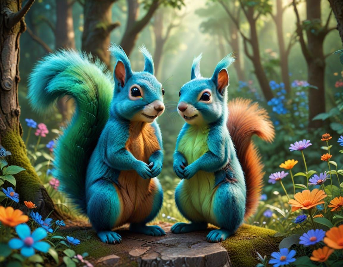 Adorable Squirrels in Vibrant Forest, Classic Cartoon Art