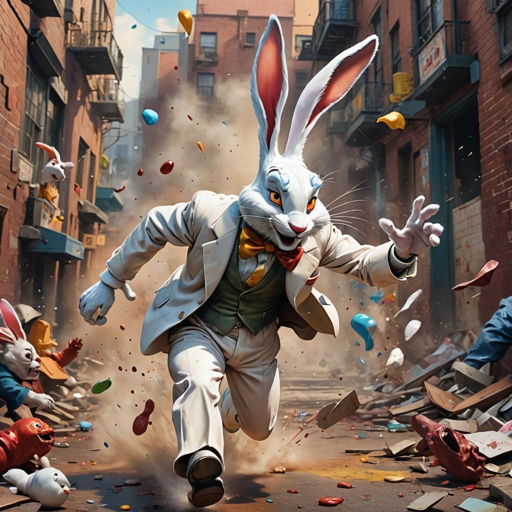 White Roger rabbit running away from  charibs and the devil