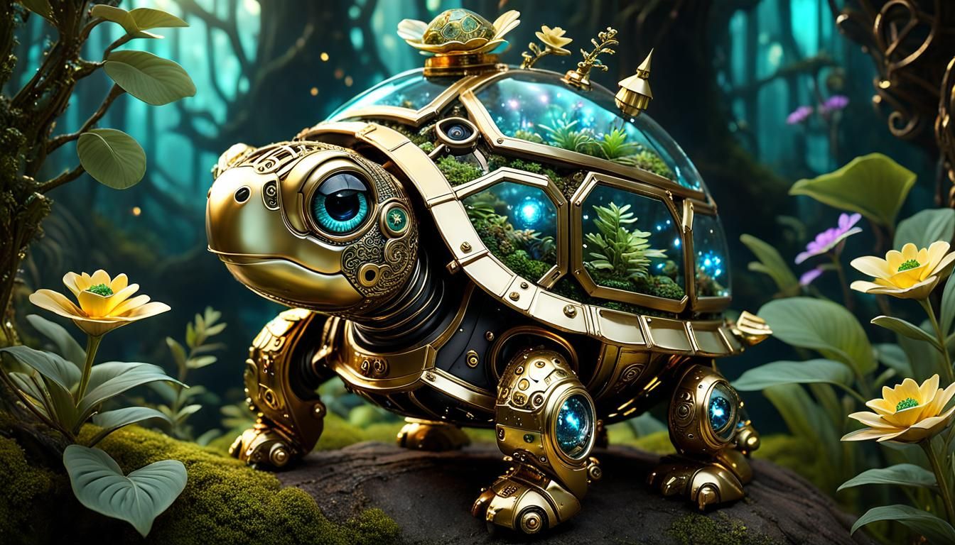 an adorable steampunk robot baby turtle with big cyberpunk terrarium, covered in gold stars, in a flowery ...  by @AutumnBear
