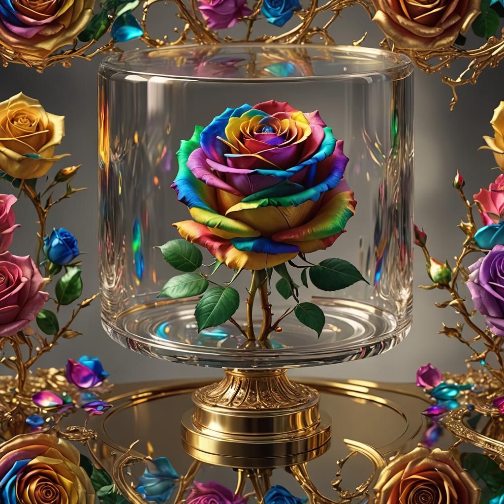 Rainbow rose in glass case on golden table