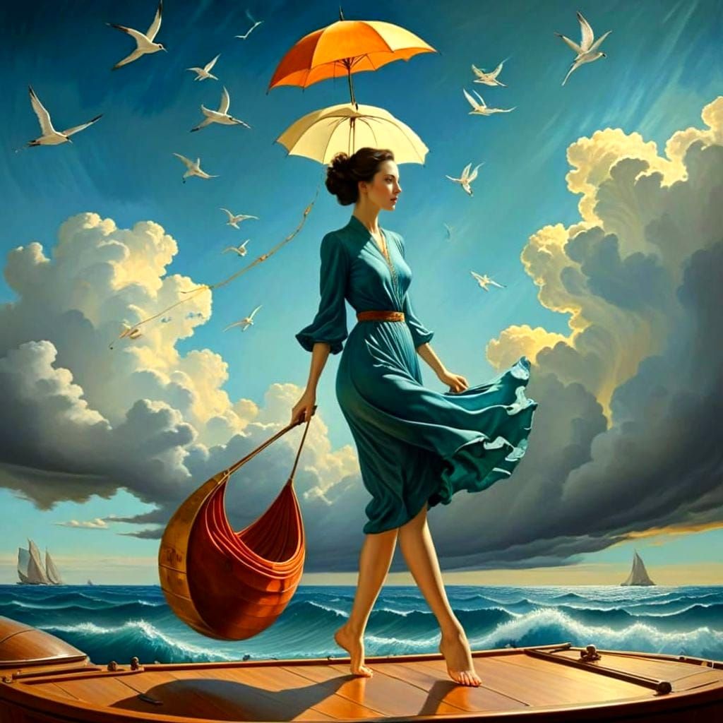 Mystical Seascape with Enigmatic Figure in Flying Boat