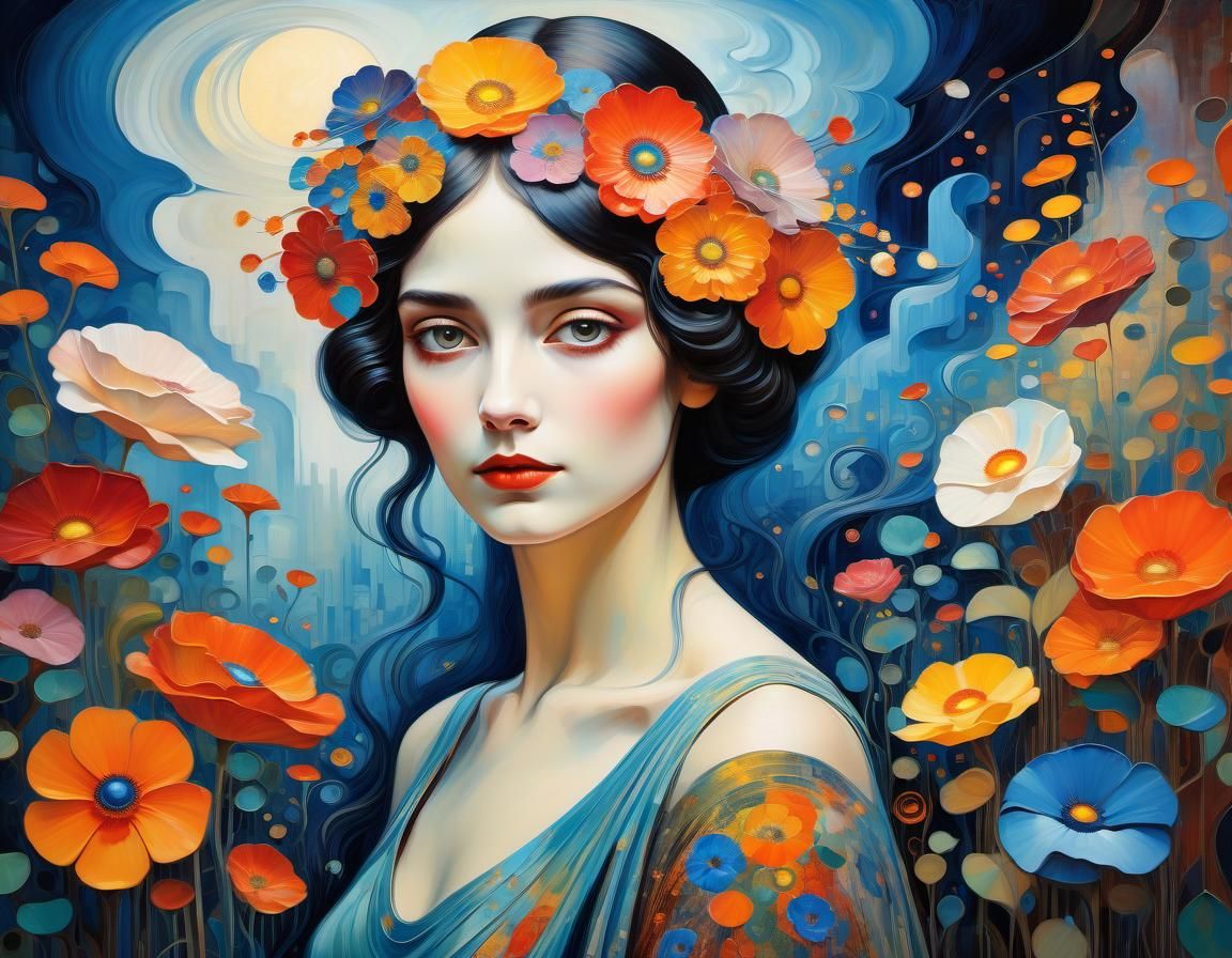 Elegant woman in a flowery landscape