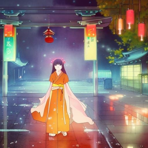 light watercolor: shrine girl in Japan at night