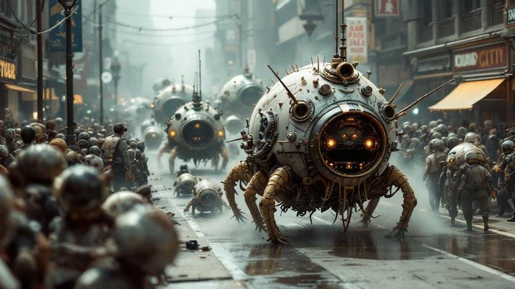 An excited crowd watching the mecha-tardigrade parade, while others continue working. the camera is hand-held