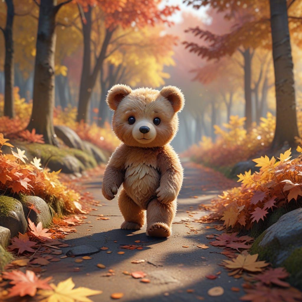 Adorable Anime Bear Cub in Autumn Forest
