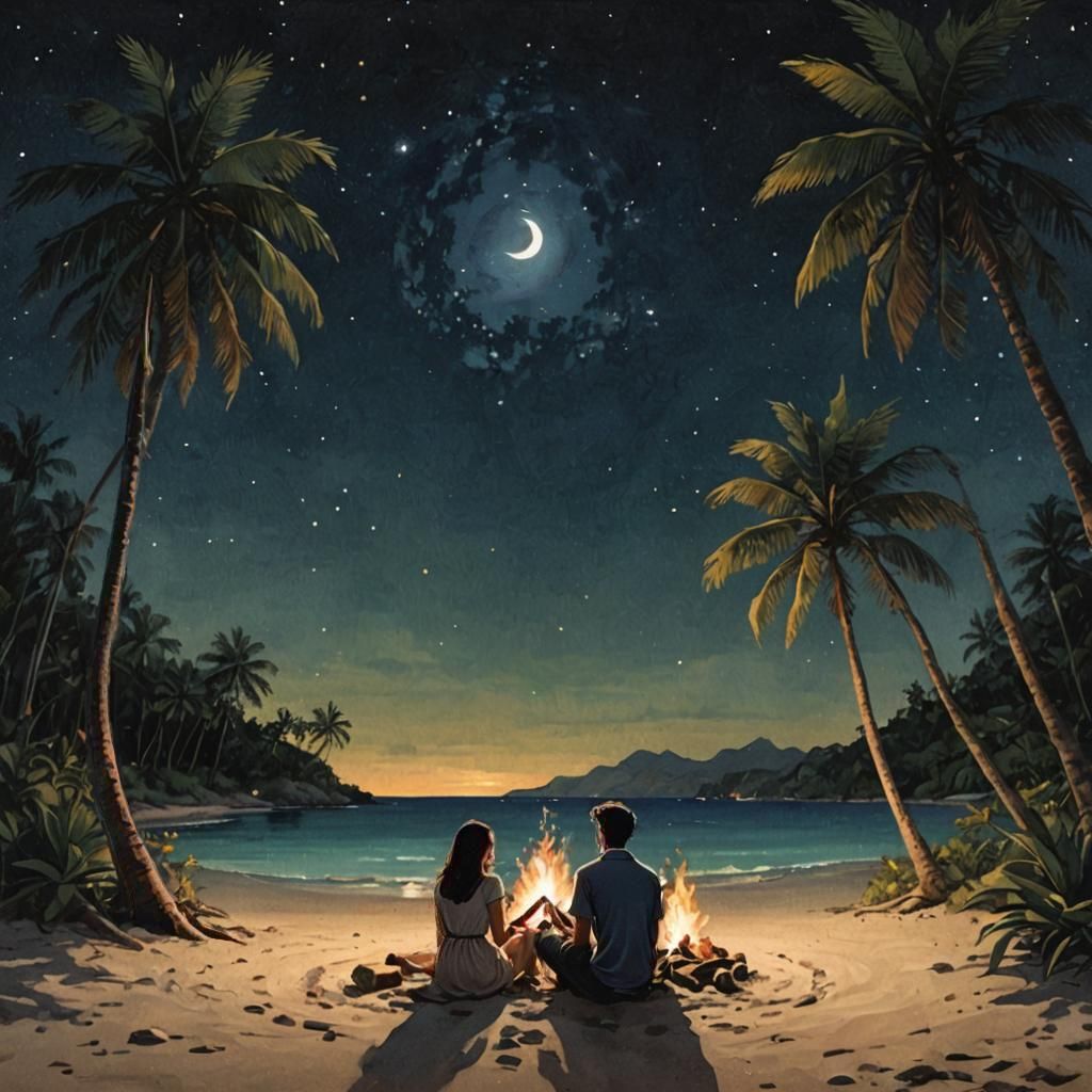 album cover two lovers boy and girl are sitting near a campf...