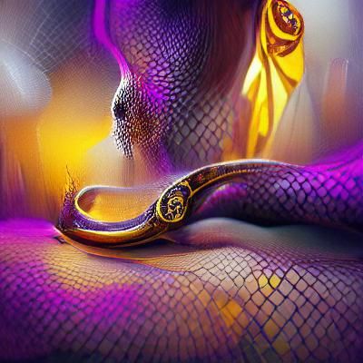 the snake is coiled and smooth and strong. Its neck is arche...